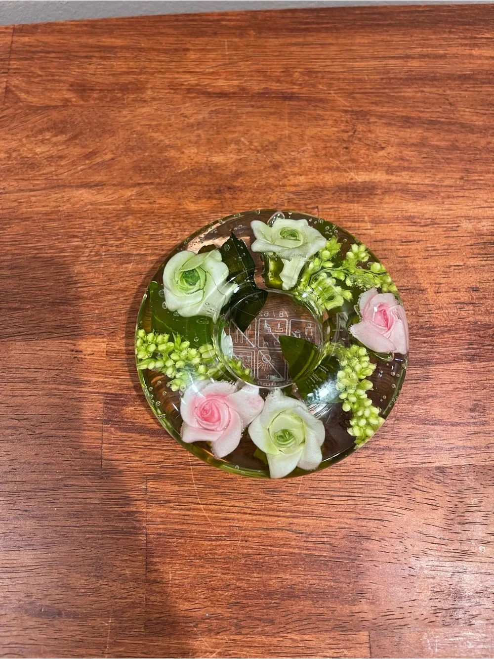Dreamlight TraumLicht Hand Blown Glass Tealight Candle Pink Green Roses Germany